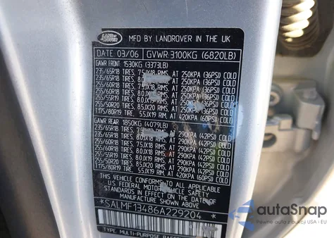 2006 Land Rover Range Rover Supercharged z USA, uszkodzony, nr VIN SALMF13486A229204